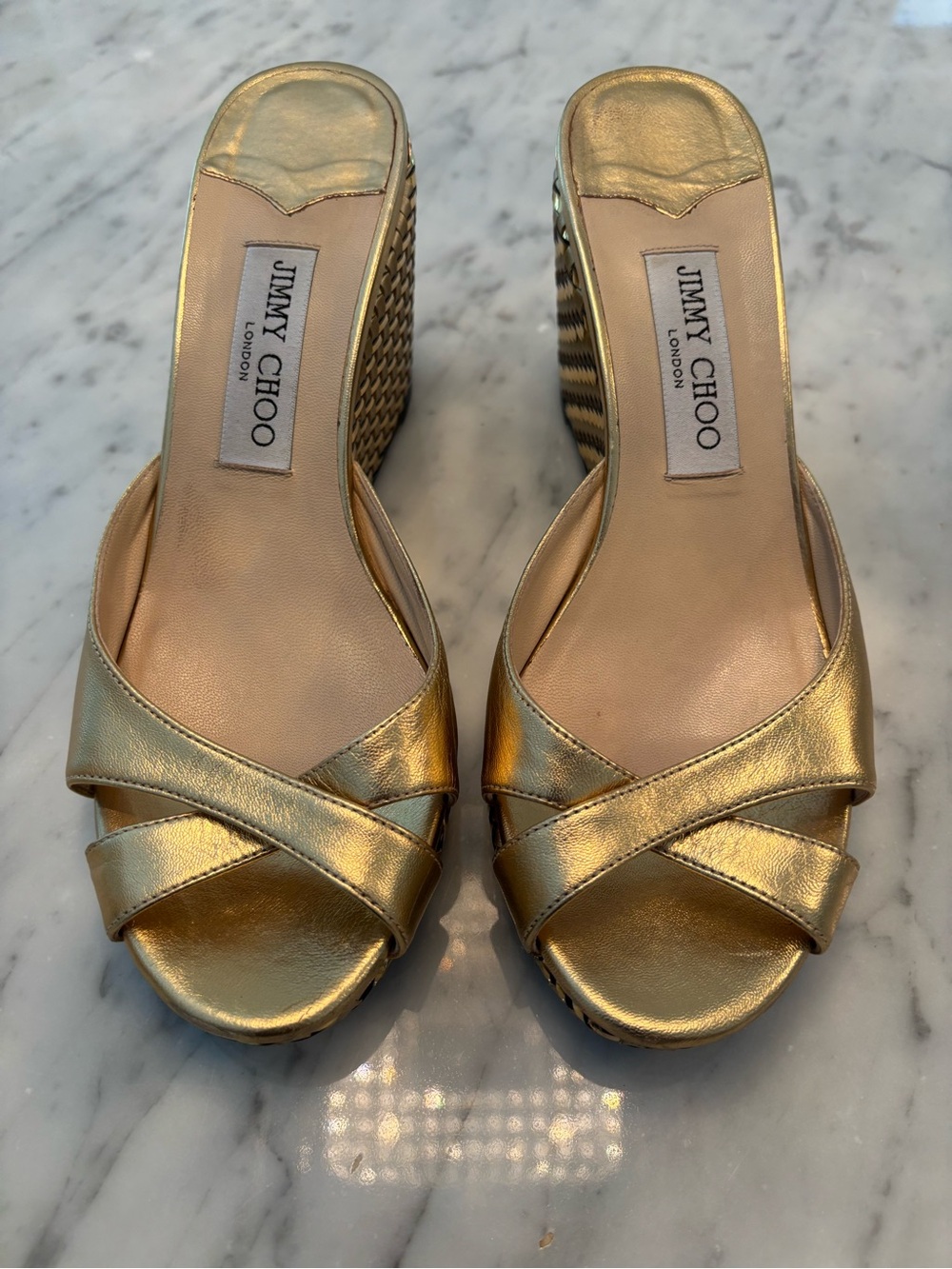 Jimmy Choo Metallic Gold Leather Wedge Mules
